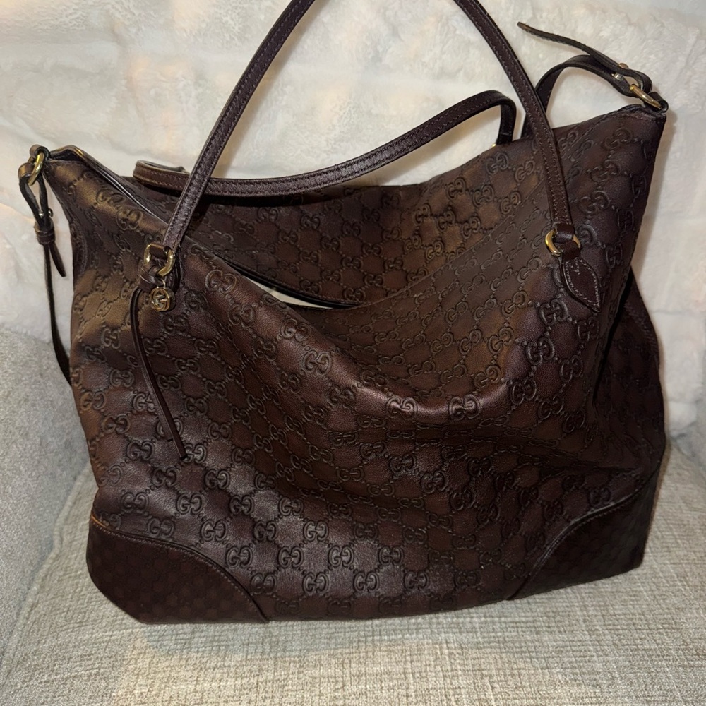 Gucci Brown Leather Hobo Bag with Embossed Pattern